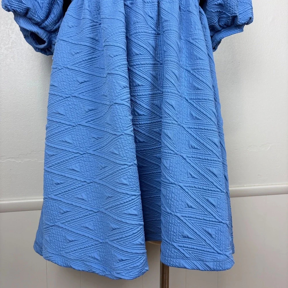 Free People Violet Puff Sleeve Mini Dress Blue Babydoll Textured‎ Matelasse Knit